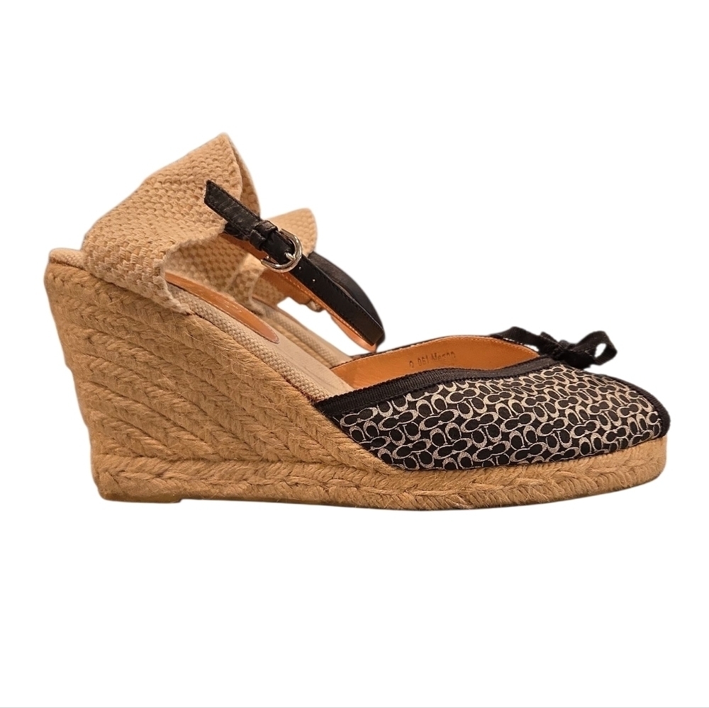 COACH MEGAN BLACK AND SILVER LOGO WEDGE ESPADRILLES. SIZE 10B.